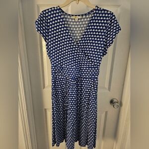 Boden Blue and White A-Line Dress with Flutter Sleeves